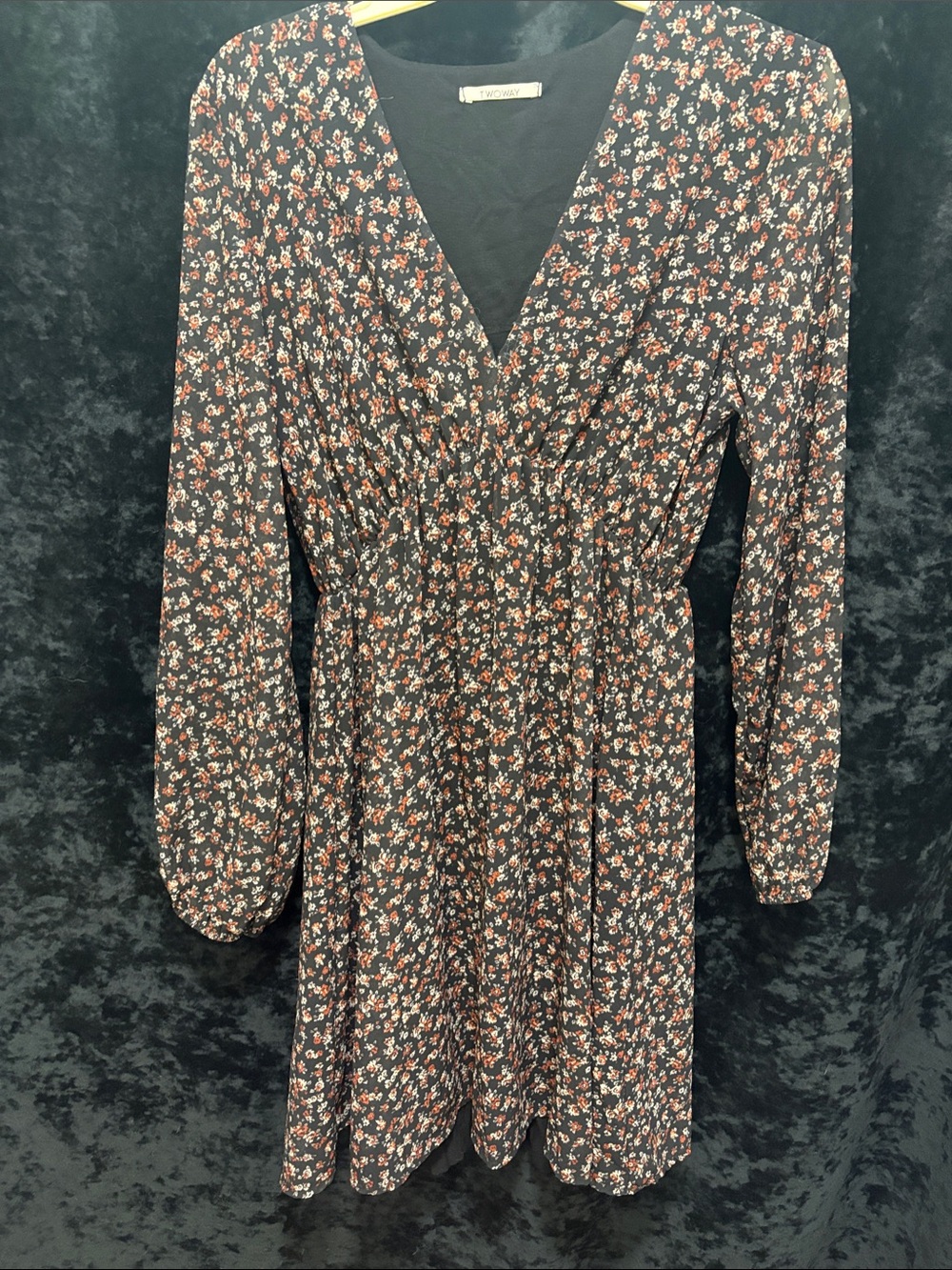 Floral Black Long Sleeve Floral V-Neck Dress with Red Accents